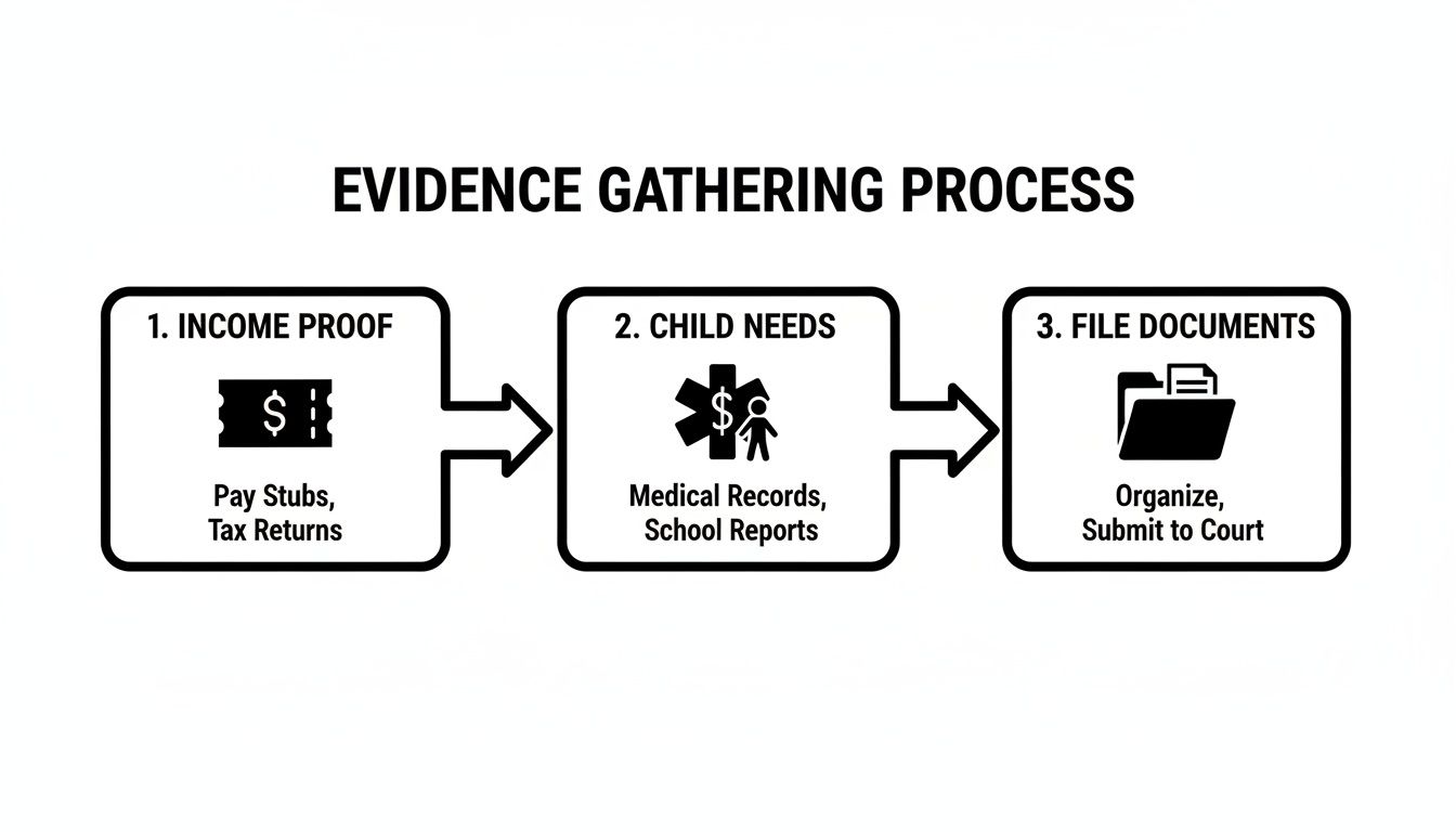 Flowchart detailing the three steps of evidence gathering for child support, including income, child needs, and document submission.