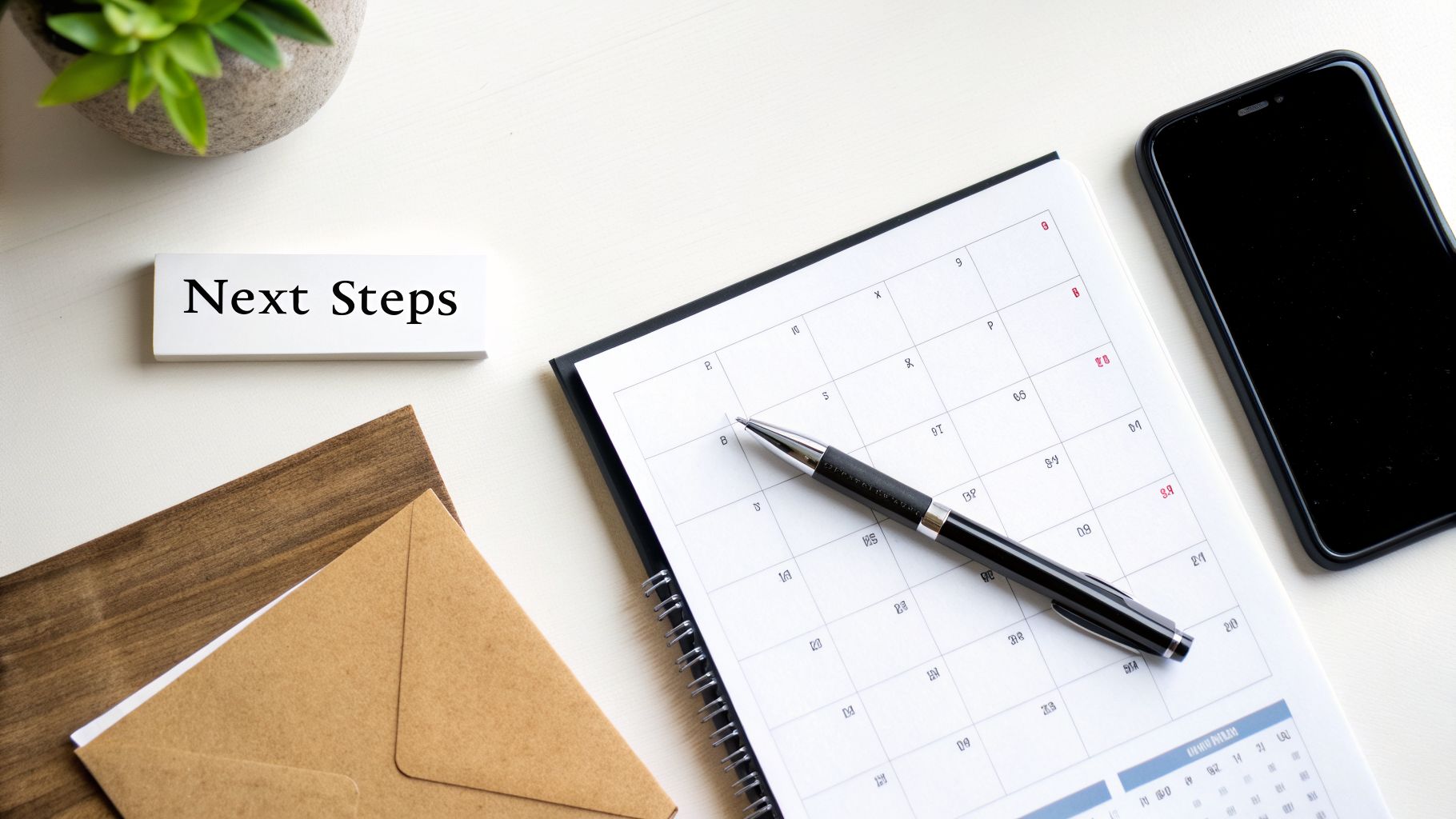 Overhead view of a desk with 'Next Steps' block, calendar, pen, smartphone, and envelopes.