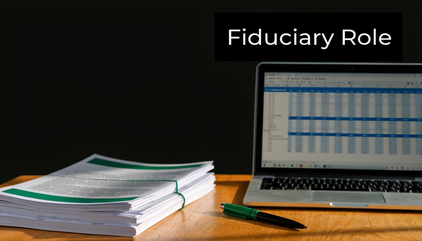 A stack of legal documents and a pen on a desk next to a laptop displaying spreadsheets.