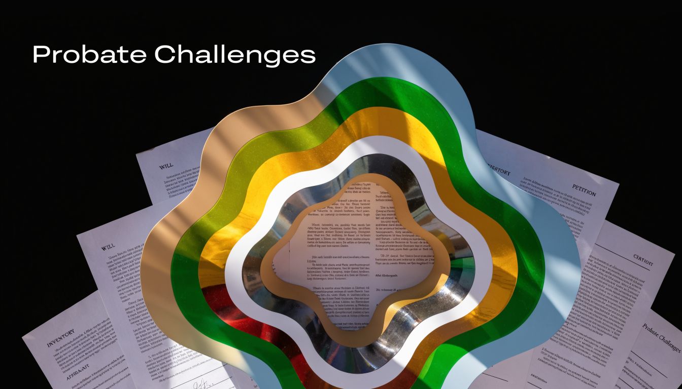 A colorful, multi-layered circular art piece sits on top of various legal documents labeled probate records.