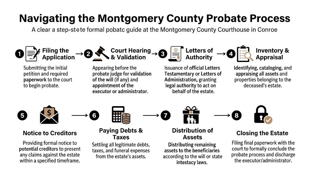 An infographic showing the eight steps of the Montgomery County probate court process in Conroe, Texas.