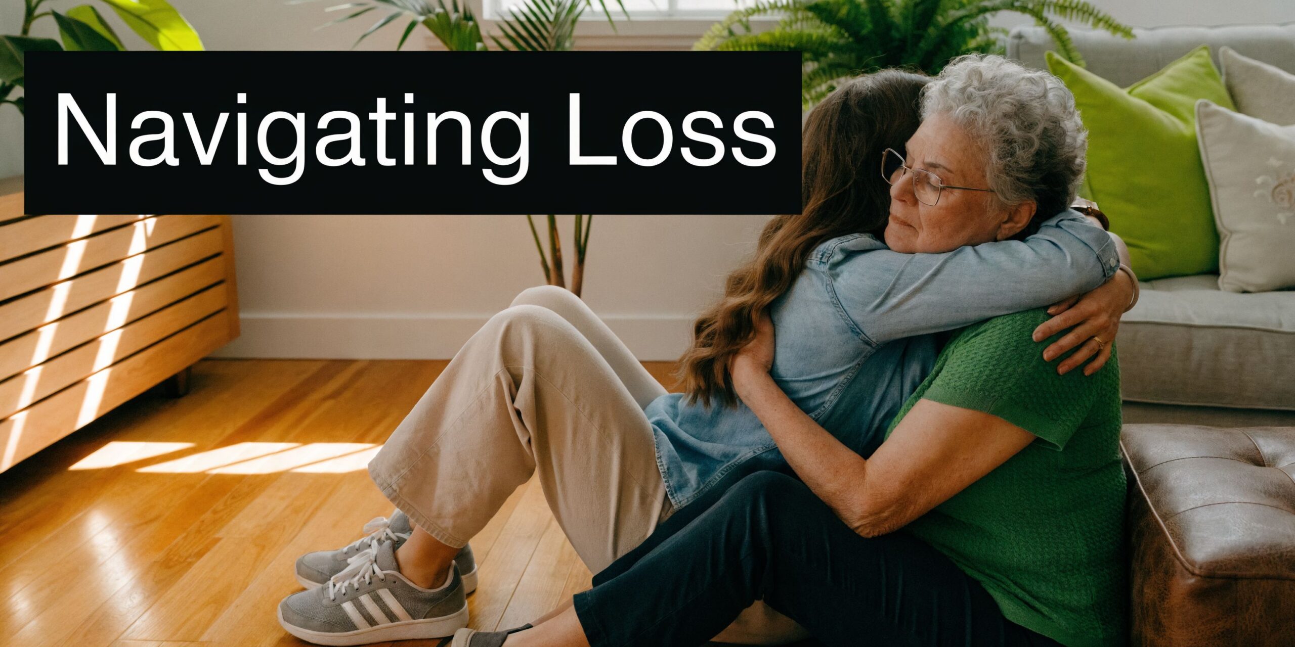 A young woman comforts and embraces an older woman as they sit together on a wooden floor.