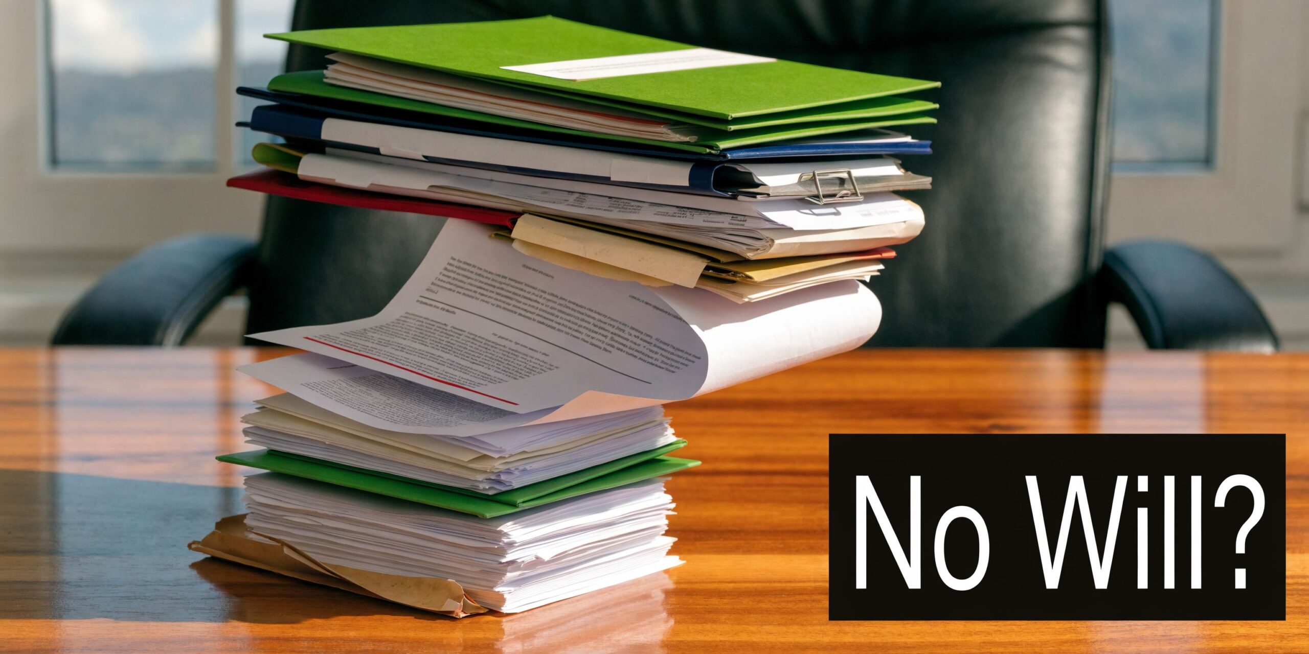 A large, precariously stacked pile of legal documents on a wooden desk with a black office chair.