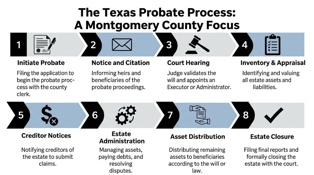 A flow chart outlining the eight steps of the Texas probate process in Montgomery County.
