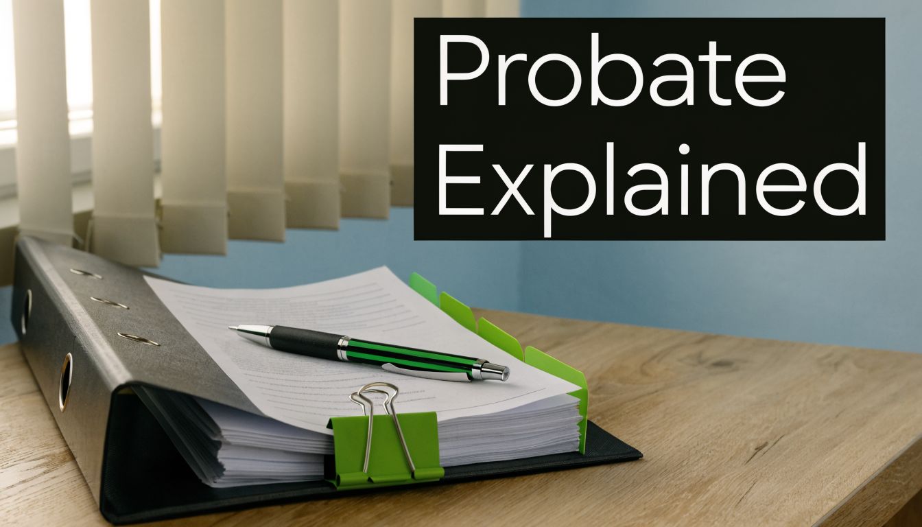 A black folder containing legal documents and a green pen on a wooden office desk for probate.