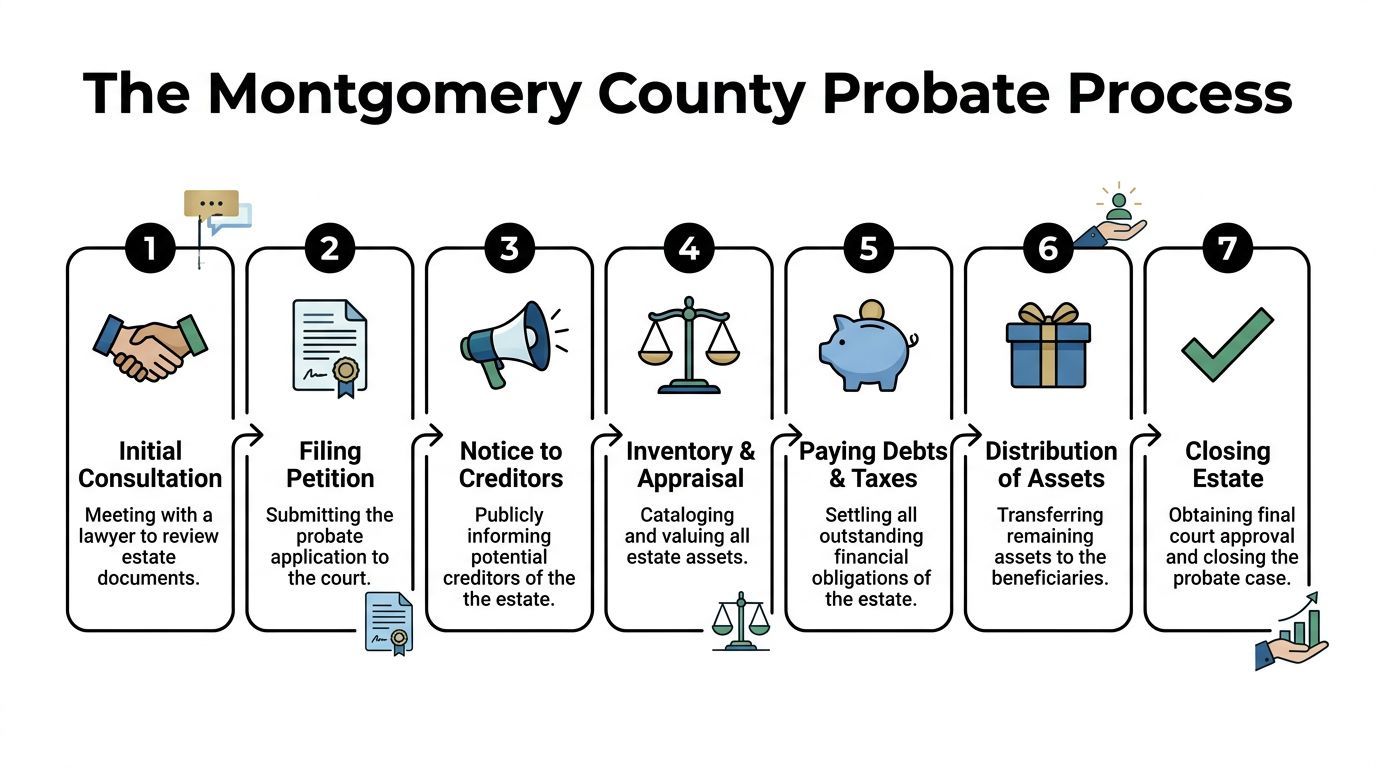 A seven-step flowchart illustrating the Montgomery County probate process, detailing legal actions from consultation to case closure.