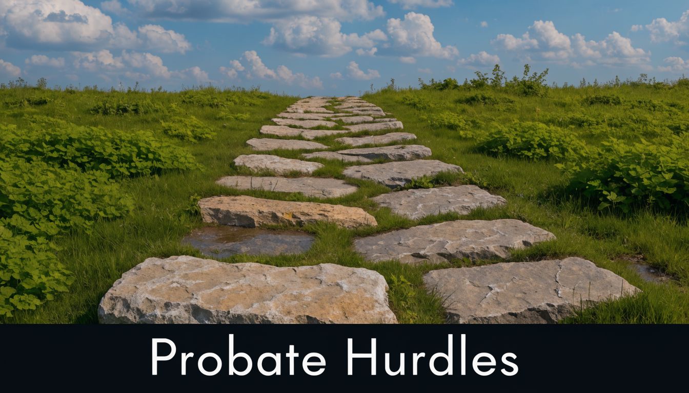 A scenic path of large stone steps leading up a grassy hill towards a blue cloudy sky.