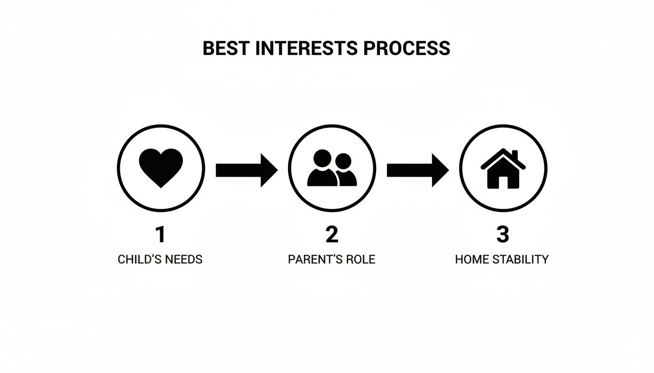 A flowchart outlining the 'BEST INTERESTS PROCESS' with three steps: Child's Needs, Parent's Role, and Home Stability.