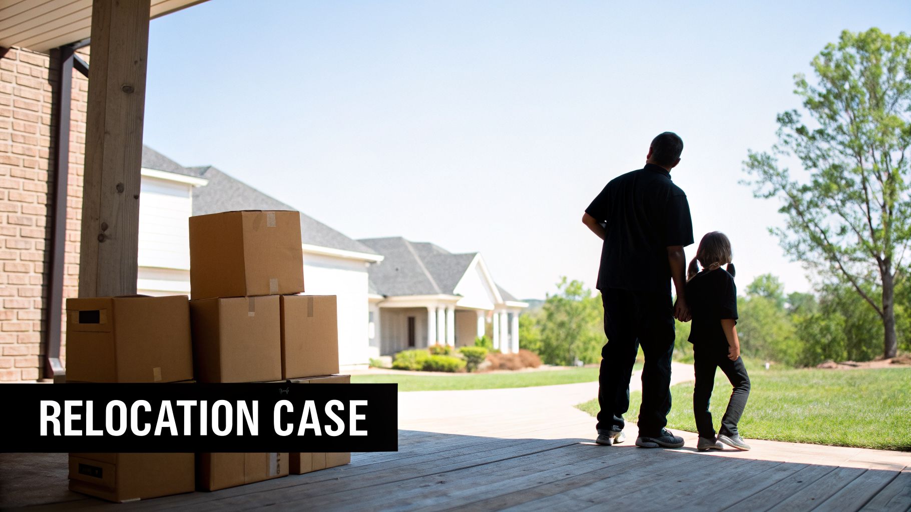 A man and child stand on a porch with moving boxes, looking at houses, representing a relocation.