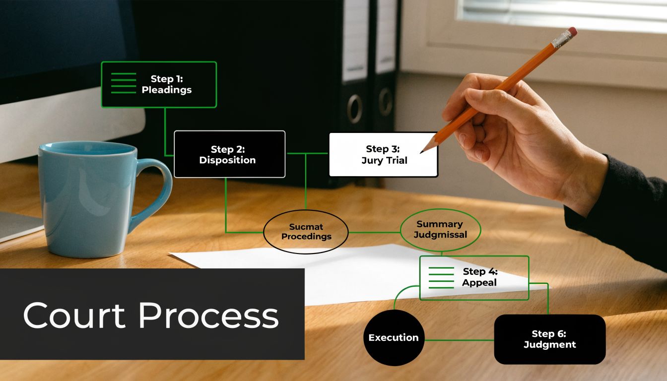 A diagram illustrating a legal court process flowchart displayed over an office desk with a mug.