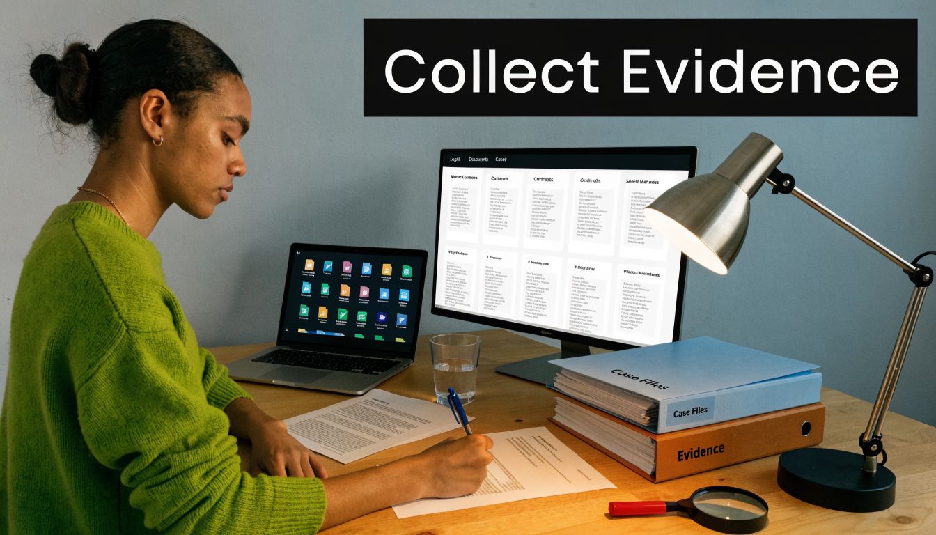 A woman working at a desk reviewing legal documents and evidence files for a case investigation.