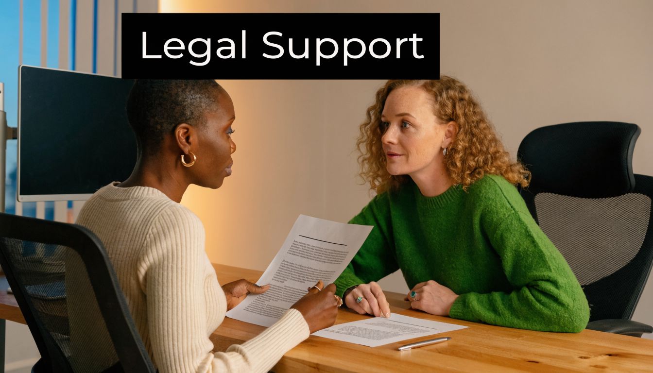 A professional legal advisor discussing documents with a client at a wooden desk in an office.