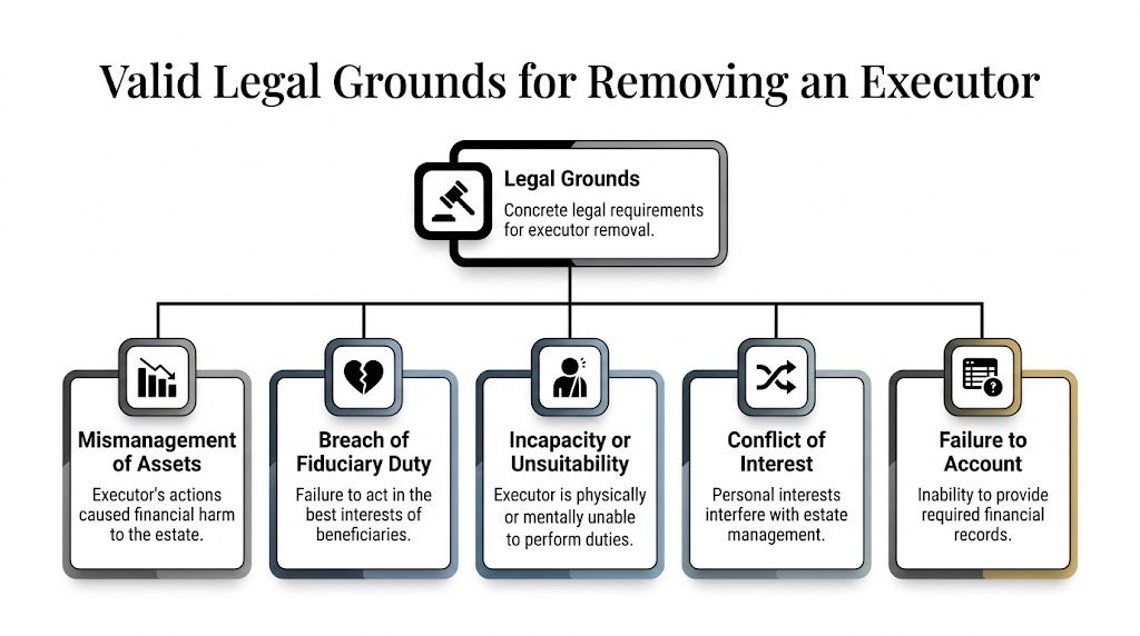 A flowchart listing the five legal grounds for removing an executor from an estate.