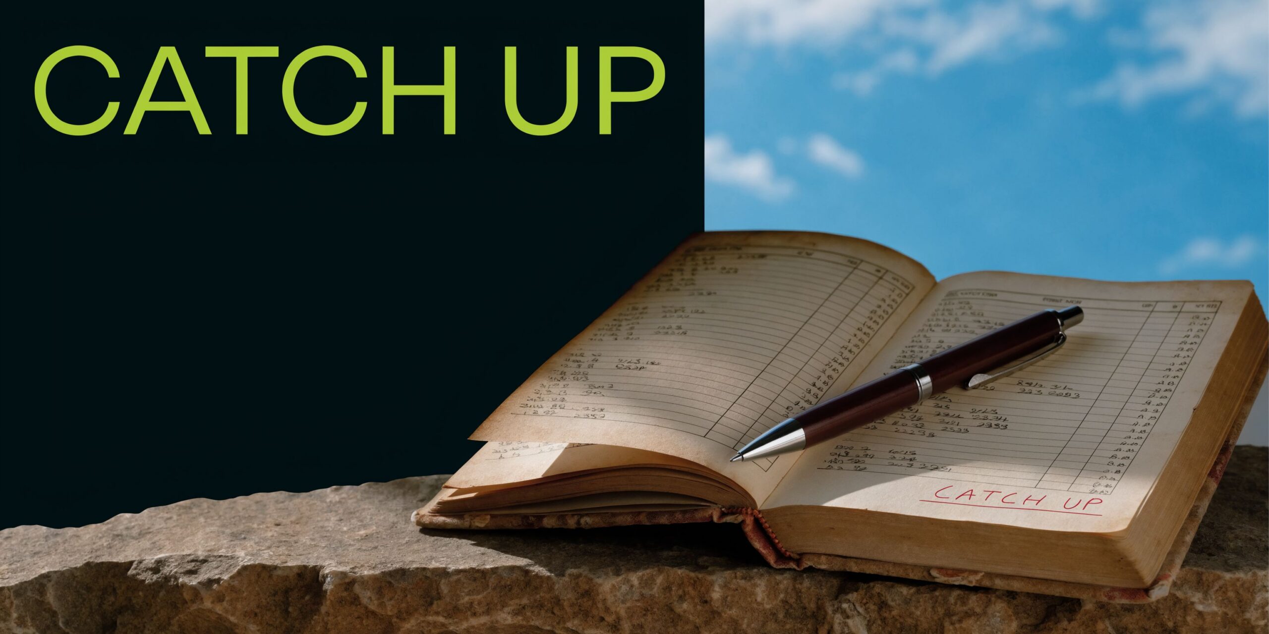 An open vintage accounting ledger resting on a rough stone surface with a ballpoint pen nearby.