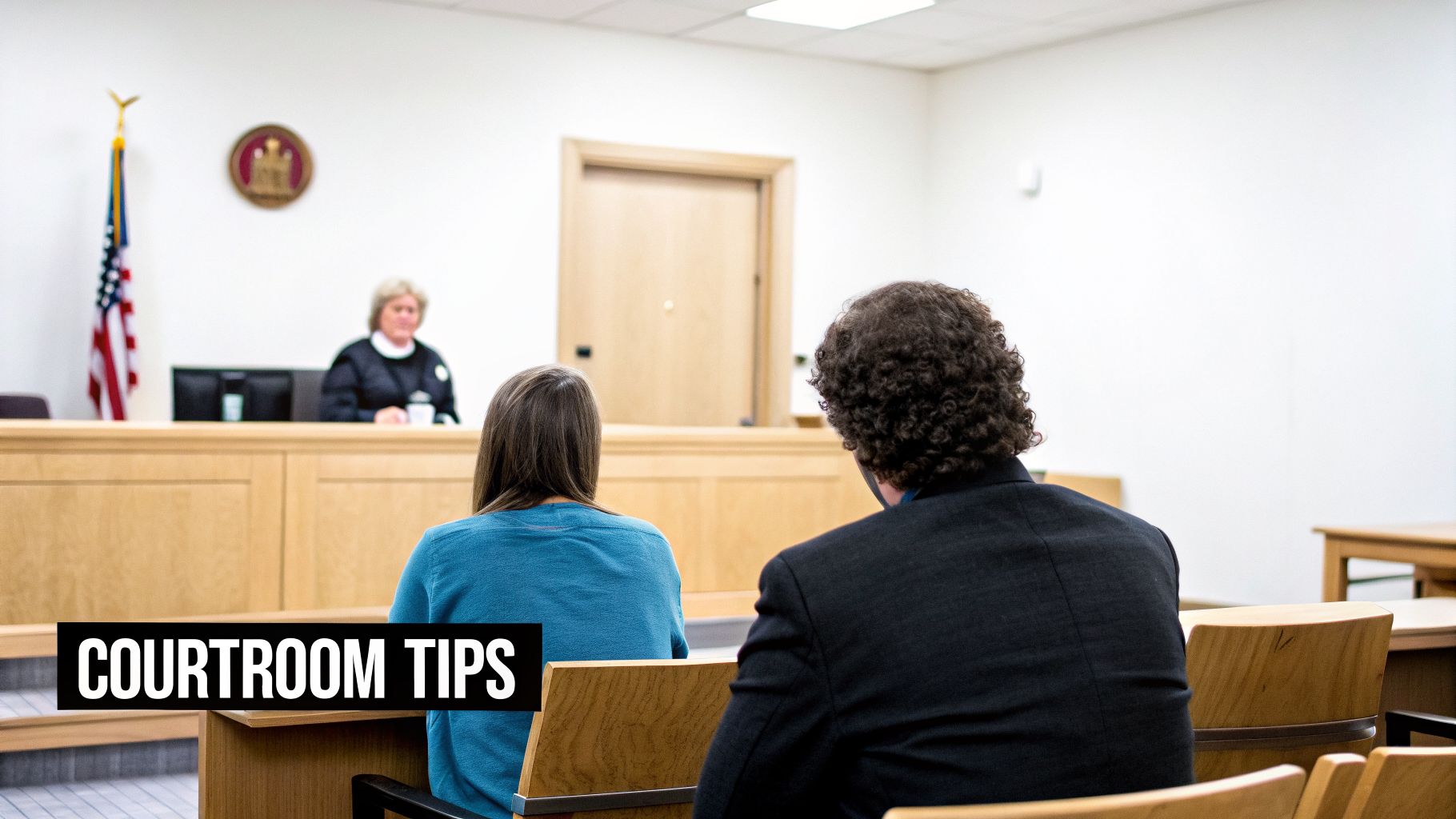 A judge presides over a courtroom hearing, with two individuals seated in the foreground, backs to the camera. Text: COURTROOM TIPS.