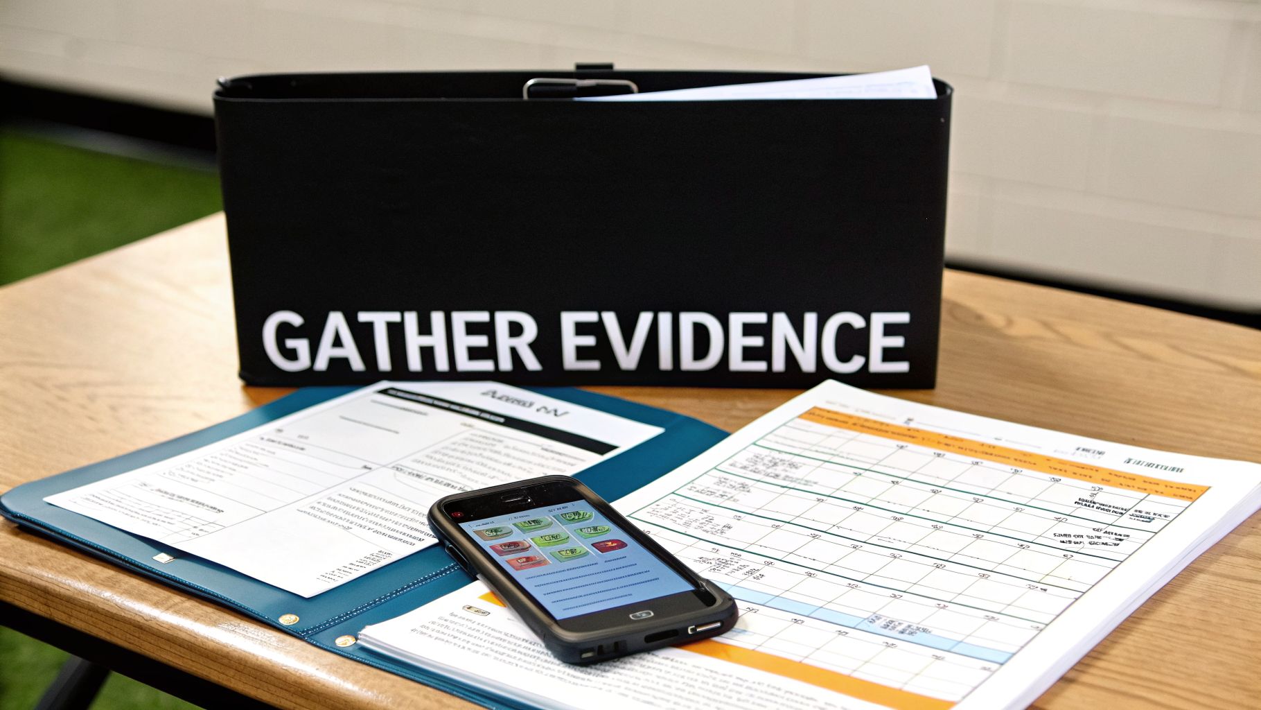 A black box labeled 'GATHER EVIDENCE' sits on a wooden table with legal documents and a smartphone.