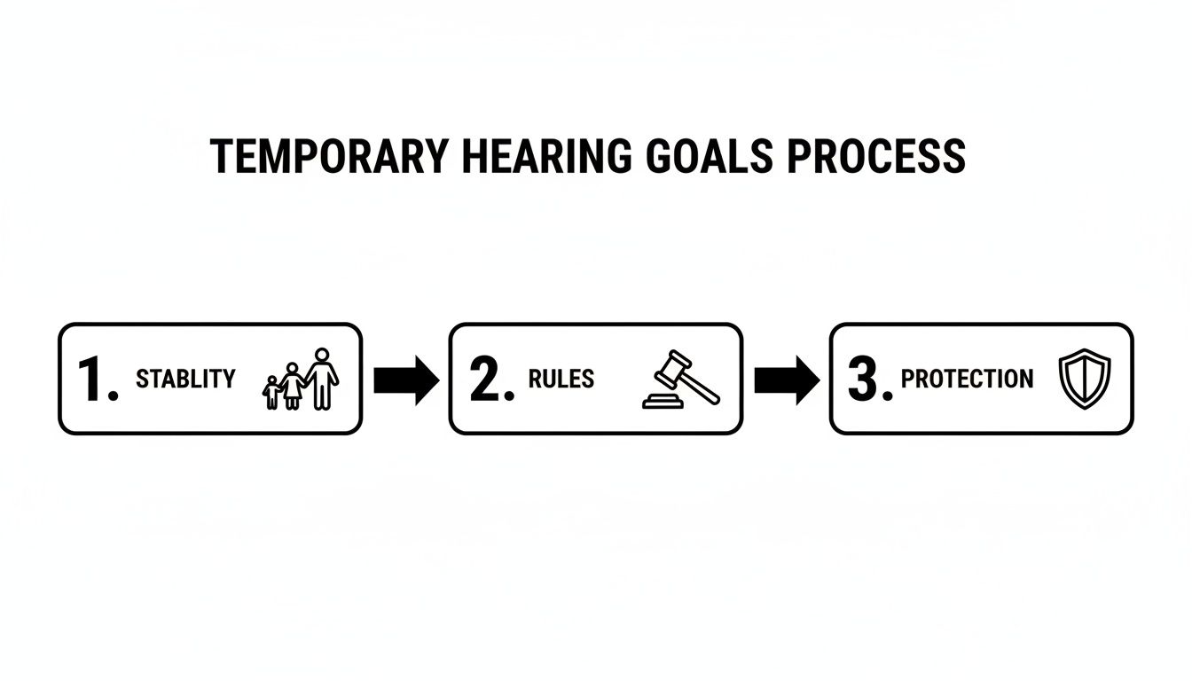 Flowchart illustrating the three-step temporary hearing goals process: stability, rules, and protection.