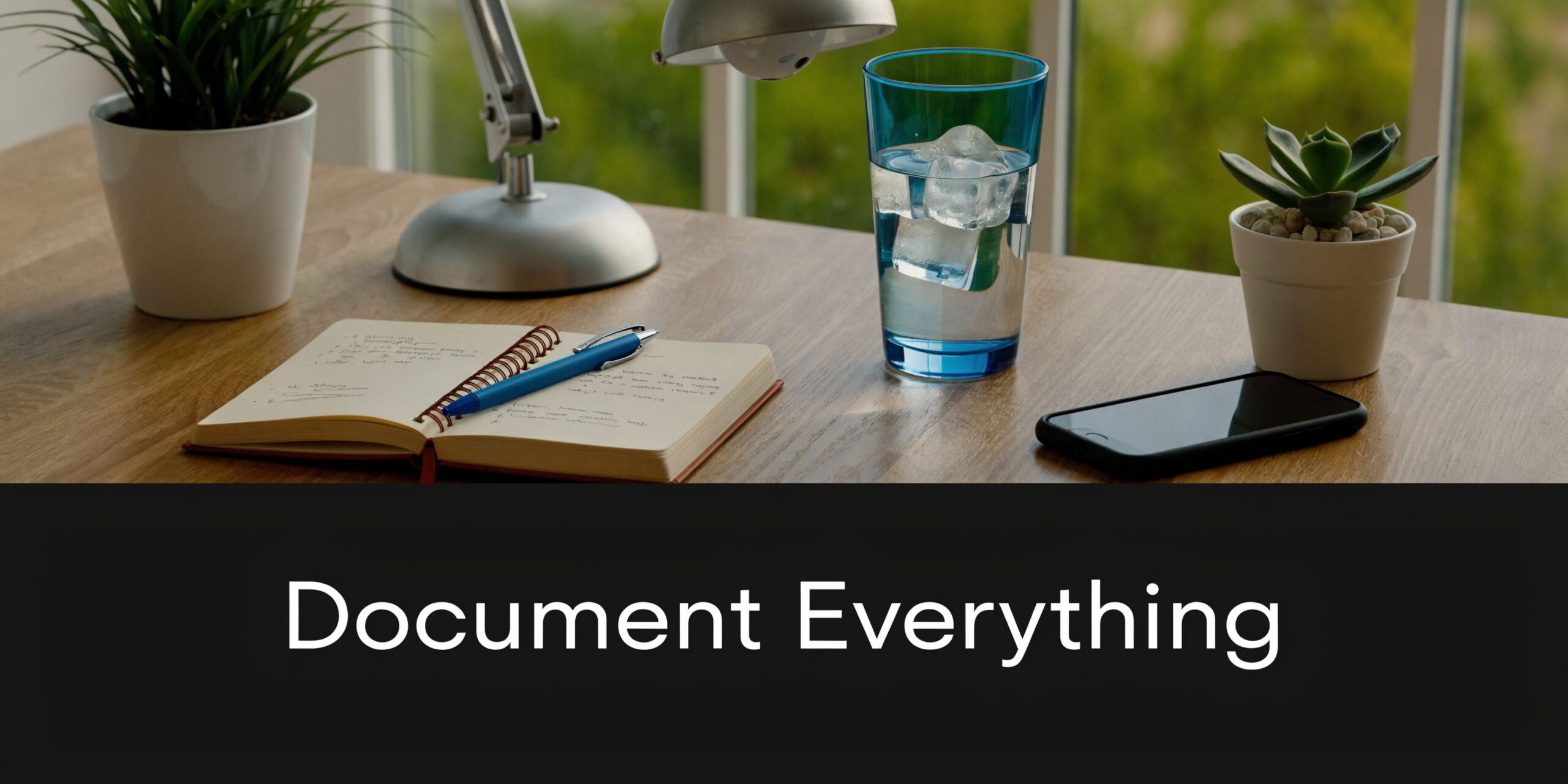 A wooden desk with a notebook, pen, glass of water, smartphone, and potted plants near a window.