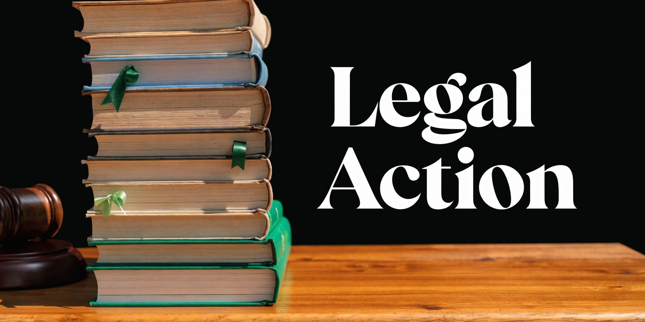 A stack of law books and a judge gavel on a wooden table, featuring the text Legal Action.
