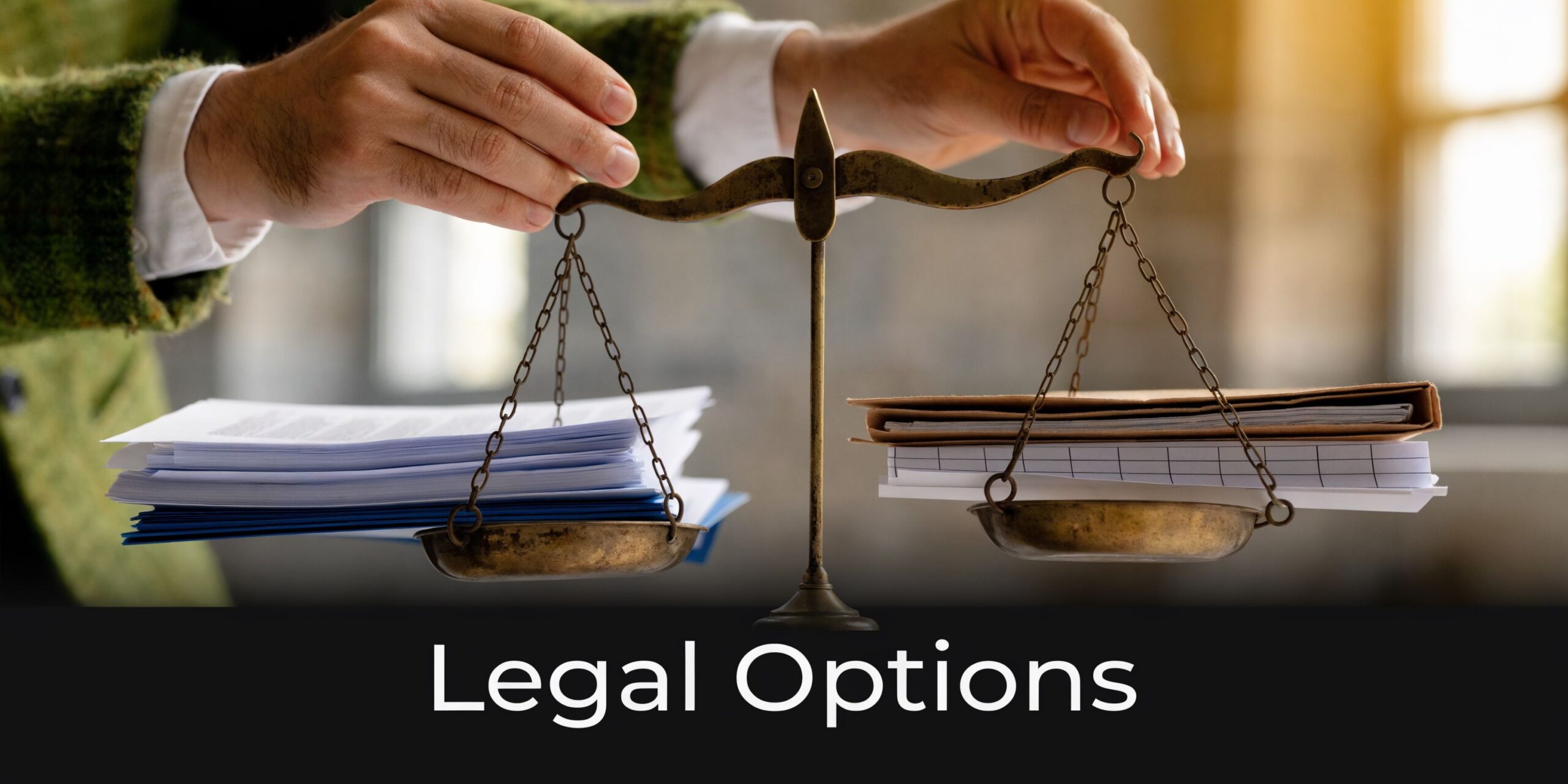 A professional balancing legal documents on old brass scales to represent legal options and decision making.