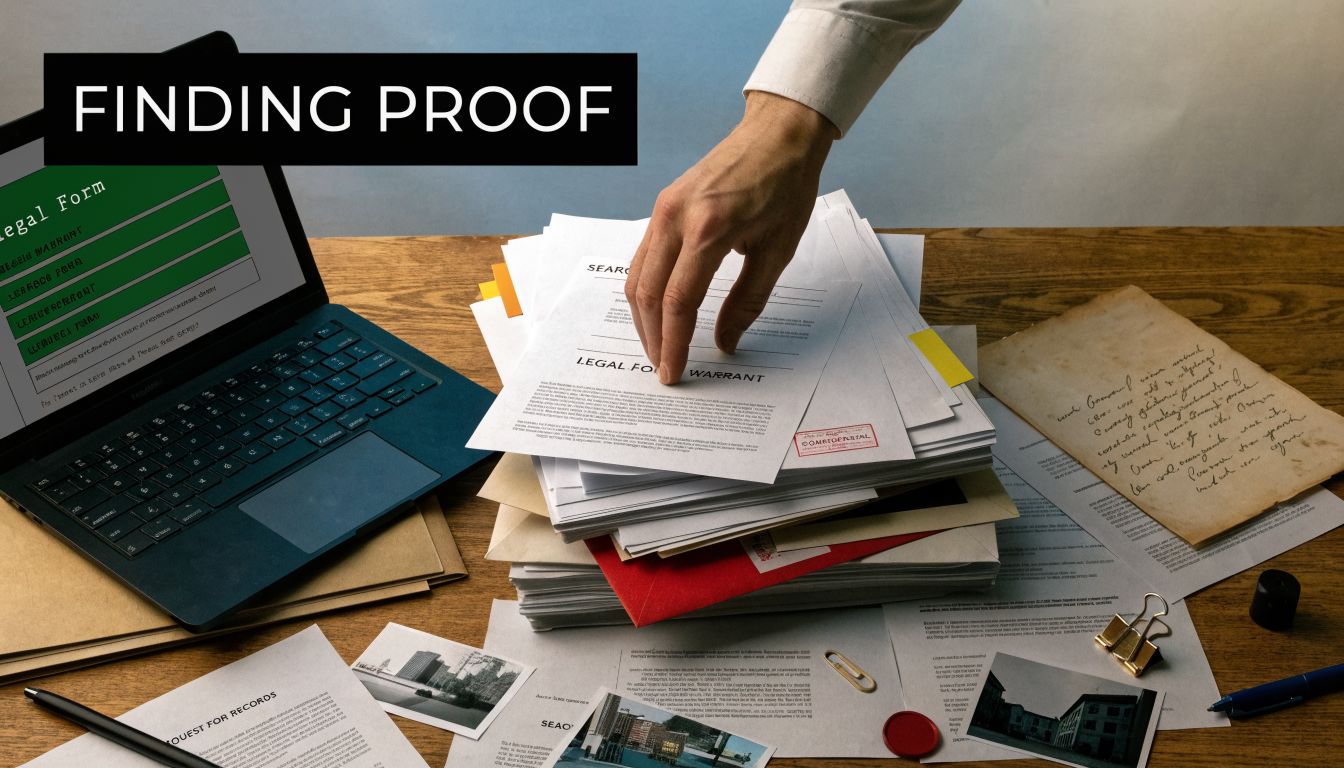 A hand examines legal warrant documents on a desk with a laptop, photographs, and paperwork.