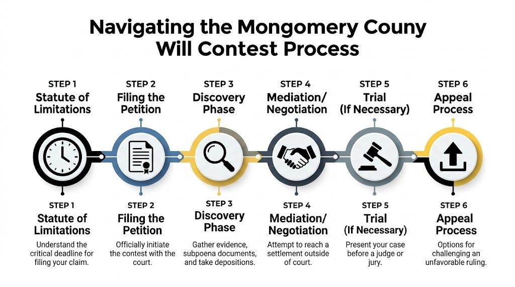 A flowchart infographic outlining the six-step process for contesting a will in Montgomery County.