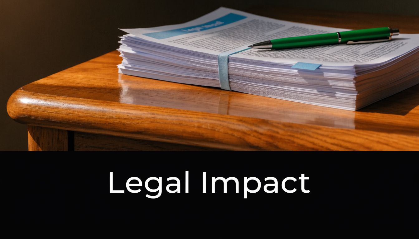 A stack of legal documents secured with a blue band and a green pen on a wooden table.