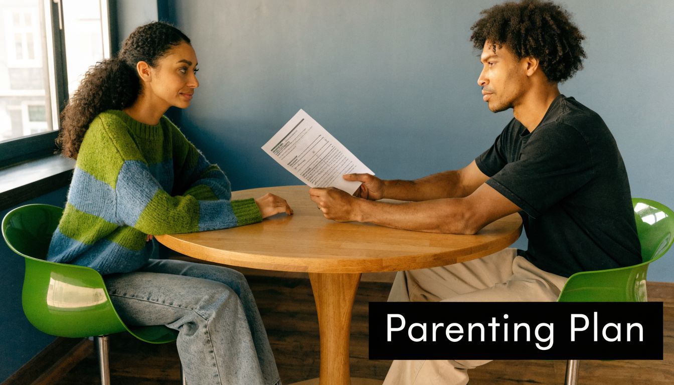 A couple sitting at a wooden table discussing a legal parenting plan document together indoors.