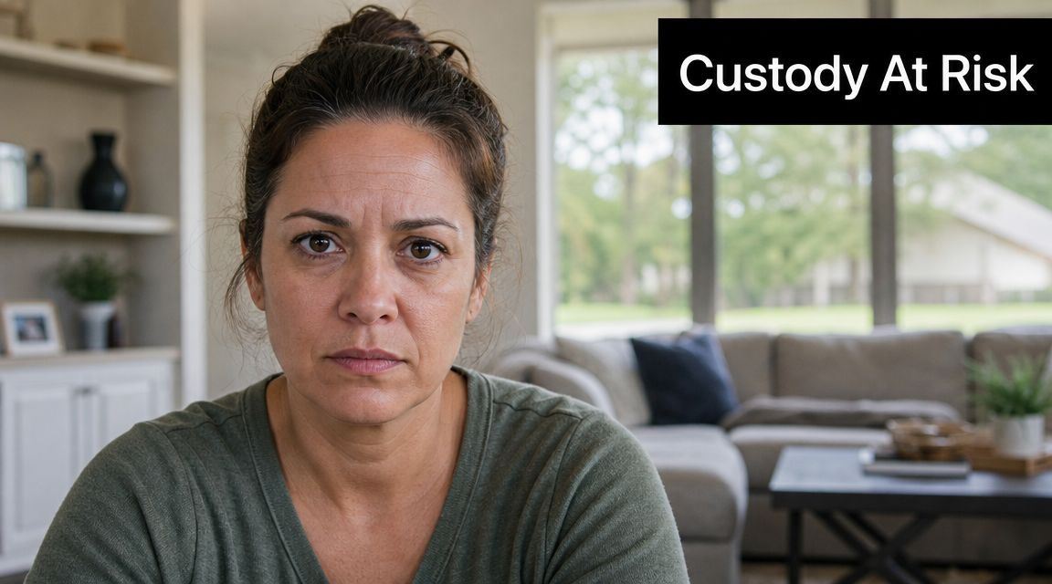 A concerned woman sitting in a living room looking at the camera with text overlay saying Custody At Risk.