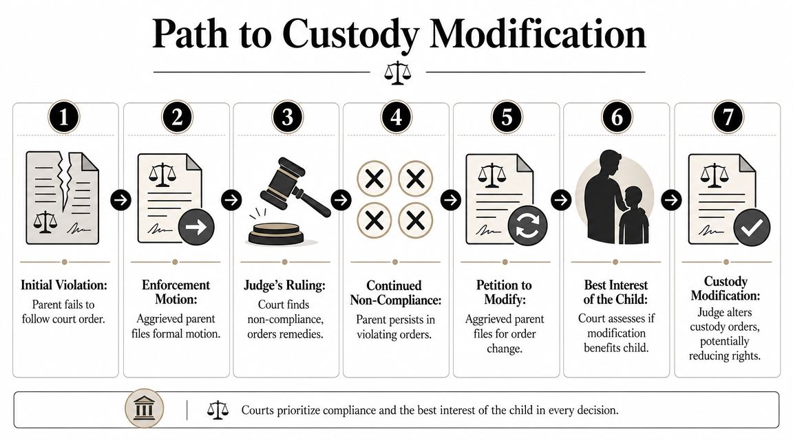 A seven-step flowchart illustration explaining the legal path to custody modification after a court order violation.
