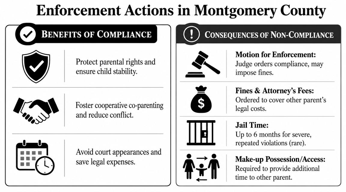 An infographic showing the benefits of compliance and consequences of non-compliance with court orders in Montgomery County.