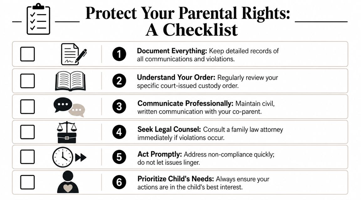 A checklist for protecting parental rights, featuring six steps including documentation, professional communication, and legal advice.