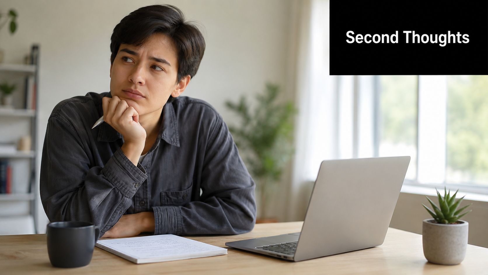A thoughtful young person sitting at a desk with a laptop and notebook, looking away while contemplating.