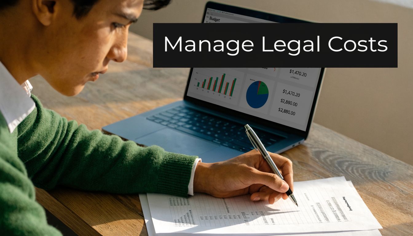 A person reviewing financial documents while looking at legal budget data on their laptop computer screen.