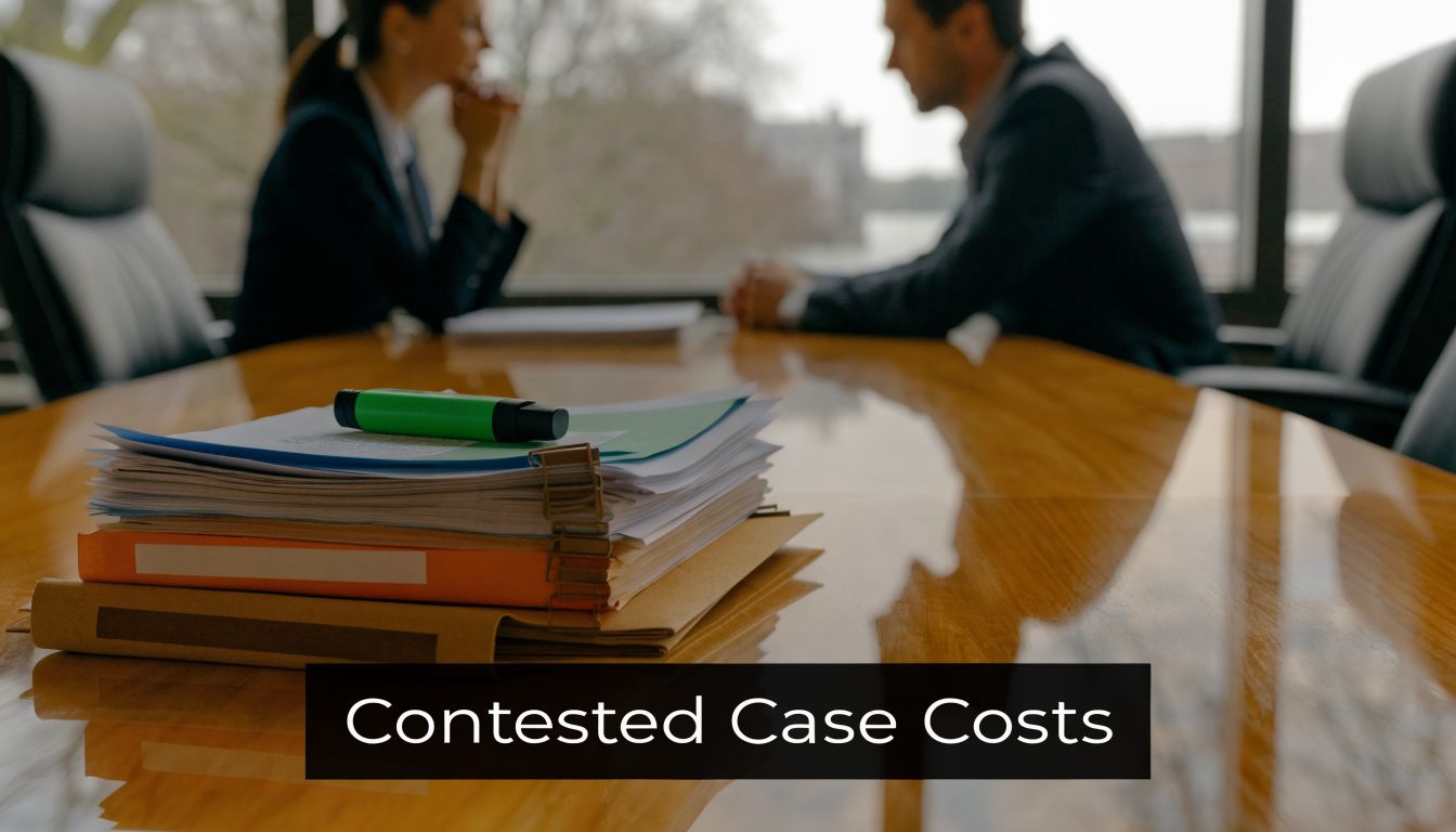 A stack of legal documents with a highlighter rests on a conference table with blurred professionals meeting.