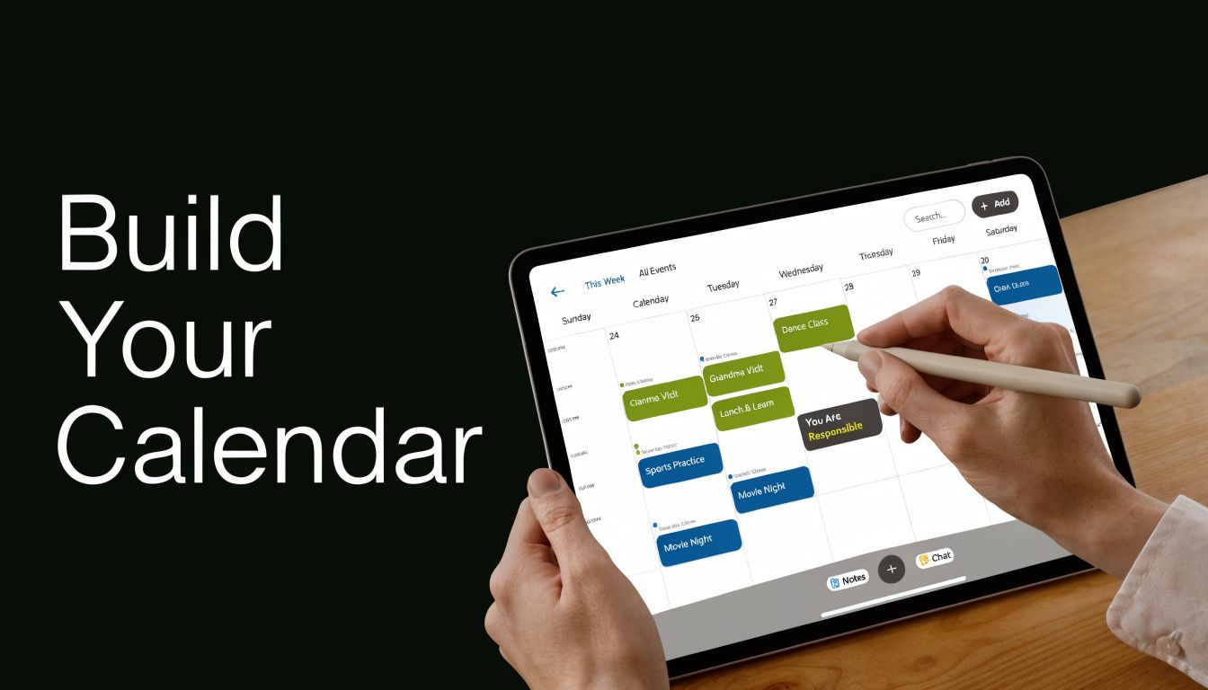 A person using a stylus on a tablet screen to organize a digital co-parenting calendar app.