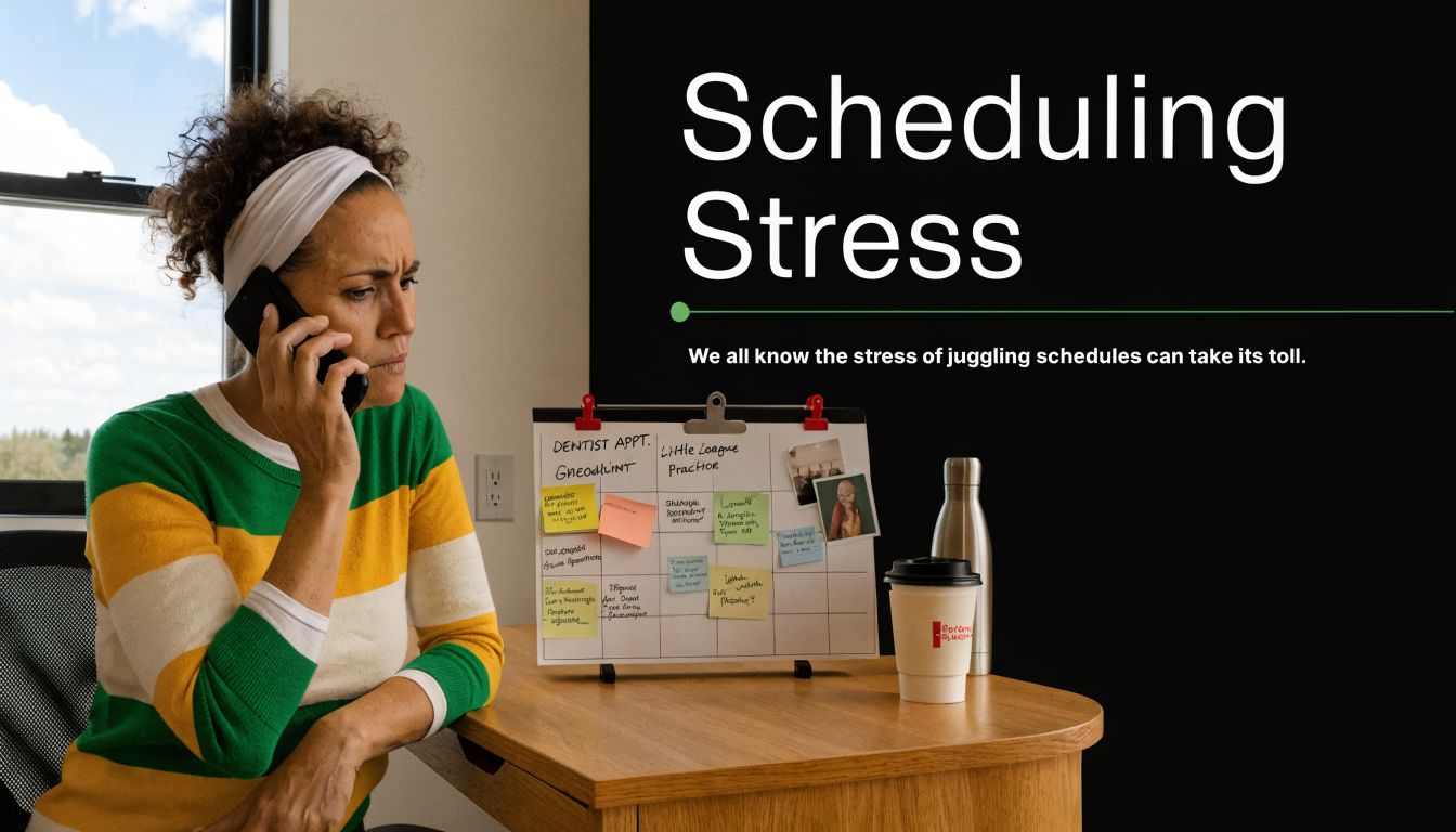 A woman looks stressed while talking on the phone in front of a cluttered co-parenting calendar.
