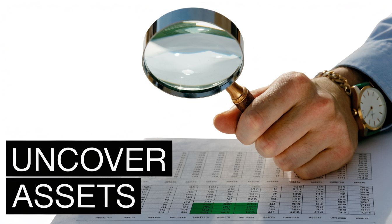 A close-up view of a person using a magnifying glass to carefully examine a document of financial assets.