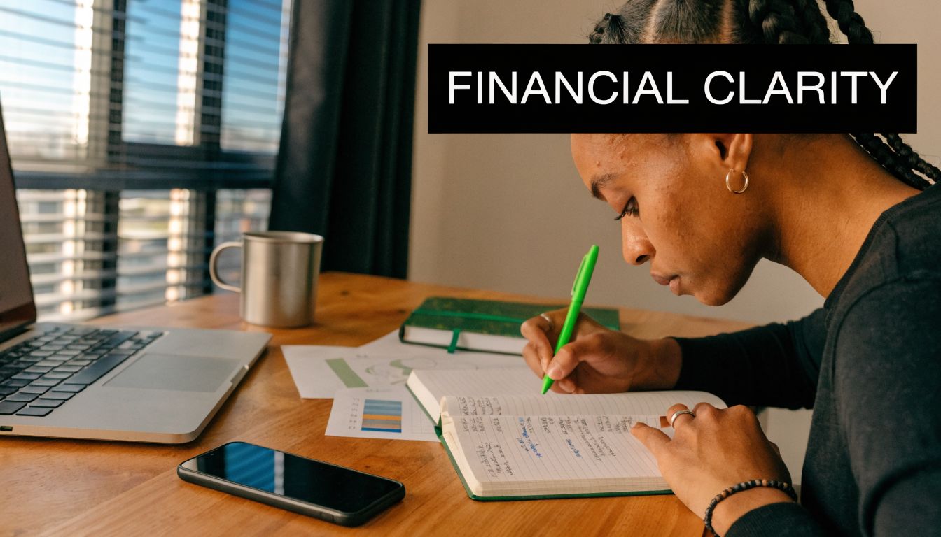 A young woman sits at a wooden desk with a laptop, smartphone, and notebook, focusing on financial planning.