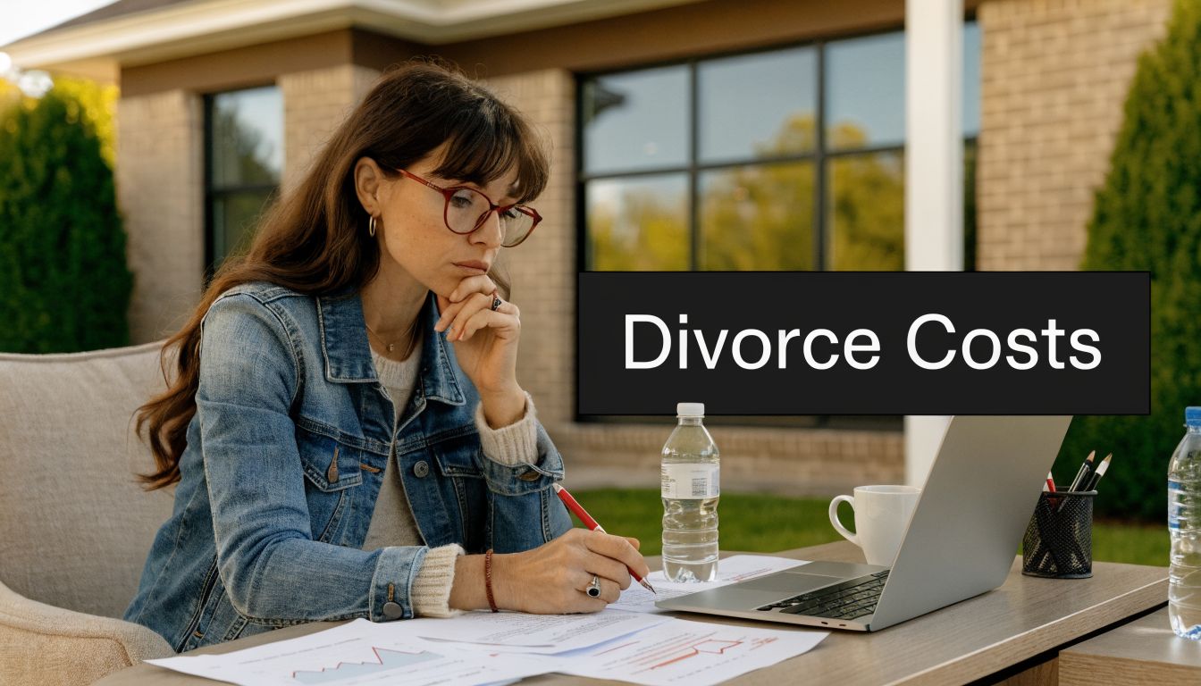 A woman with glasses thoughtfully reviewing financial documents at a desk outside a home office setting.
