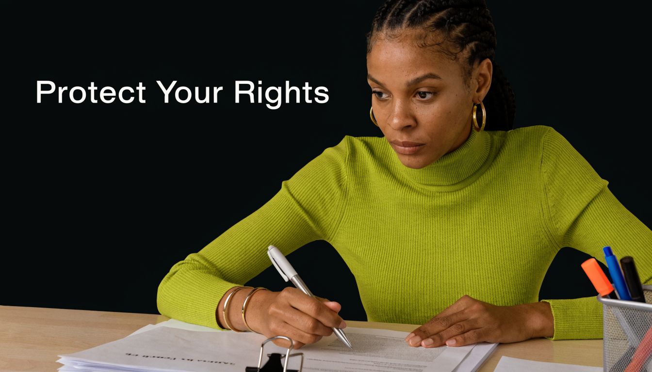 A focused young woman in a green sweater writing on legal documents at a wooden desk.