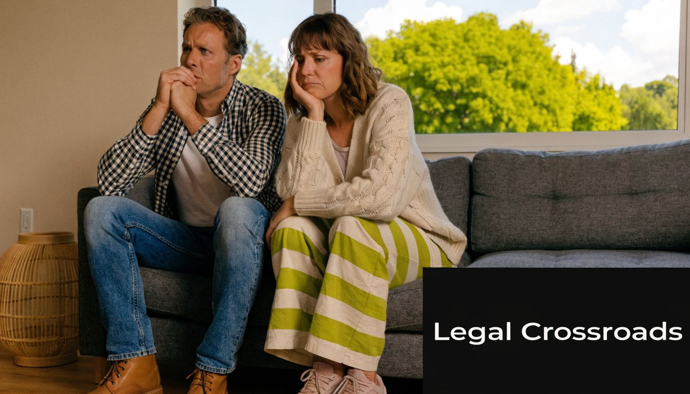 A concerned couple sitting on a sofa looking worried while contemplating legal issues during a difficult time.
