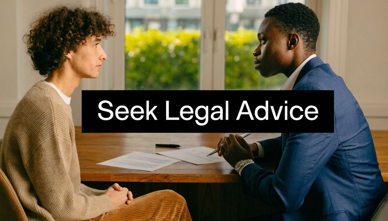 A young man sits across from a professional in a suit to discuss legal matters during a consultation.