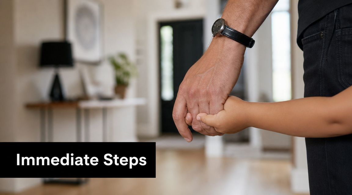 A caring father holding his child's hand while standing in a softly blurred home setting.
