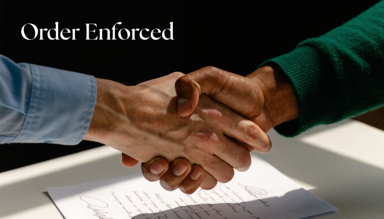 A professional handshake over a legal document, symbolizing the enforcement of an emergency family court order.