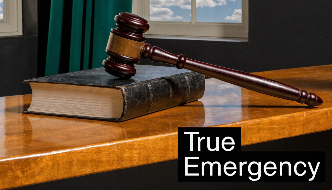 A wooden judge's gavel rests on a thick black law book atop a polished wooden surface.