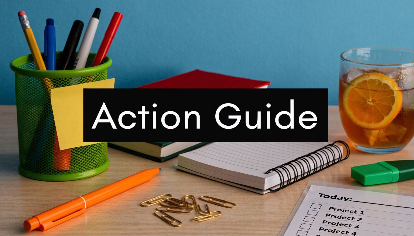 A workspace with an Action Guide sign, pens in a holder, a notebook, and a project list.