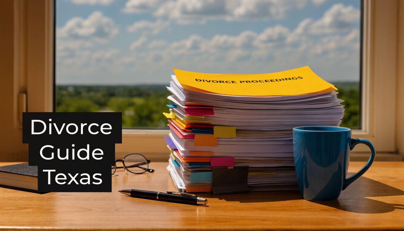 A stack of papers titled Divorce Proceedings sits on a wooden desk next to a blue mug.