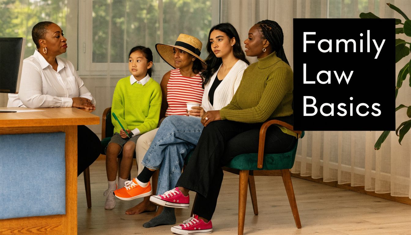 A professional attorney meets with a diverse family group in an office for a legal consultation.