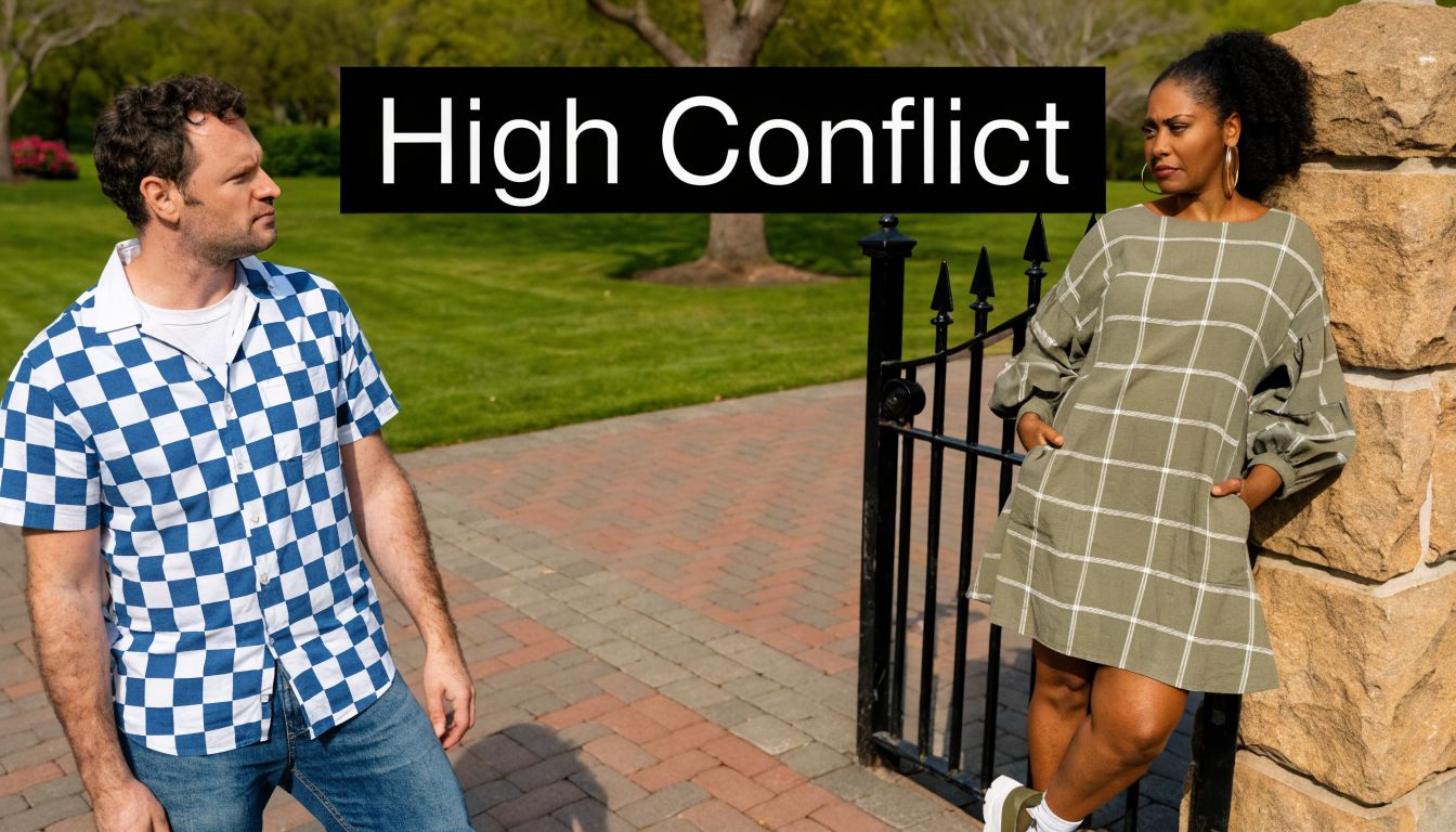 A man and woman standing apart outside in a park, representing a concept of high conflict.